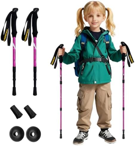 Rose red collapsible hiking poles for kids