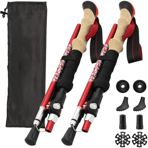 Red cork grip trekking poles 47 inch