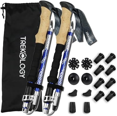 Blue collapsible hiking poles with foam grips
